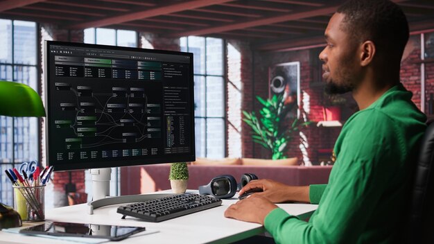 Desarrollador de software afroamericano hace codificación visual y crea software