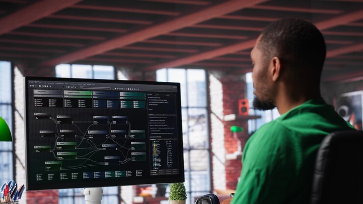 Foto gratuito desarrollador de software afroamericano hace codificación visual y crea software