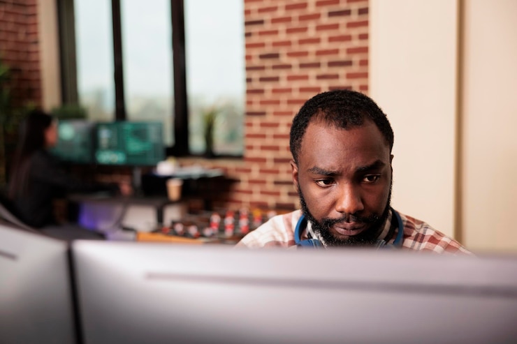 Foto gratuito desarrollador de software escribiendo código javascript en la computadora para desarrollar información de computación en la nube en línea. ingeniero tecnológico afroamericano escribiendo script html y algoritmo de datos, trabajando en la oficina