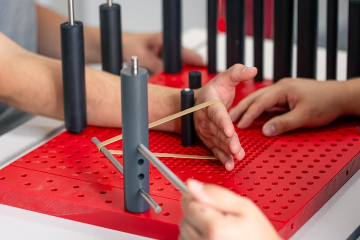 Foto gratuito desarrollo de movimientos de la articulación radial de la muñeca en una tabla funcional para la mano.