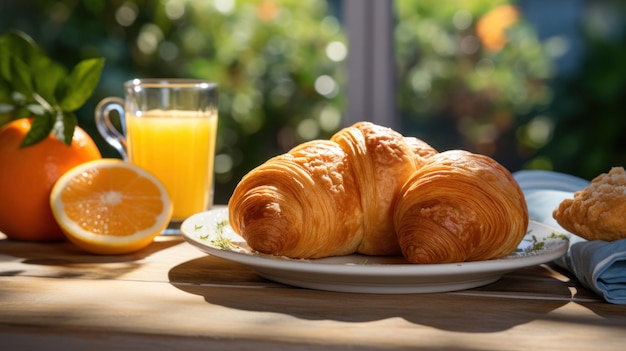 Foto gratuita el desayuno continental con croissant y jugo fresco da la bienvenida a la mañana.