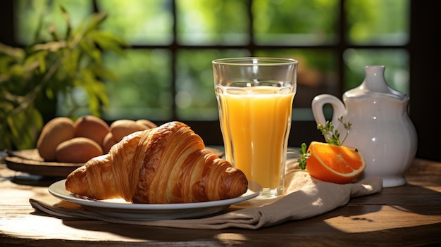 Foto gratuita el desayuno continental con croissant y jugo fresco da la bienvenida a la mañana.