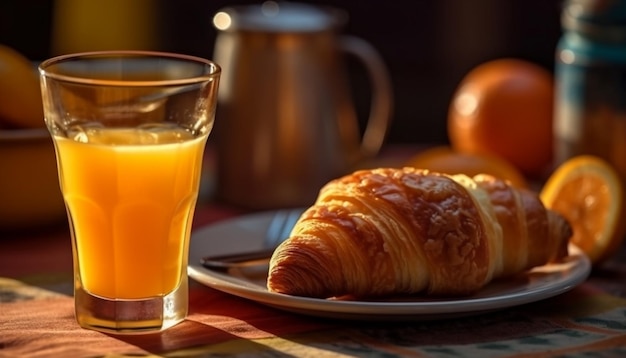 Desayuno francés fresco croissant café jugo de naranja AI generativa