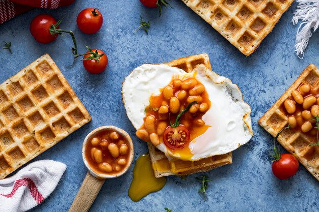 Desayuno navideño con huevos y frijoles waffle