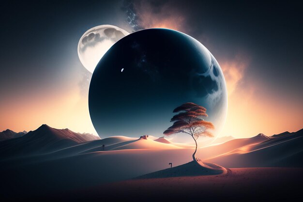 Un desierto con un árbol y un planeta.