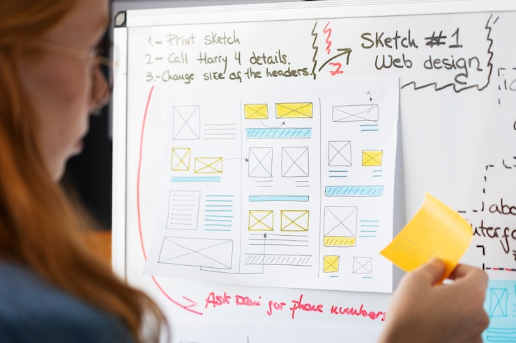 Photo Gratis designer web wanita dengan kertas dan catatan di kantor