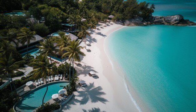 Destino de vacaciones de lujo con palmeras de agua turquesa generado por IA