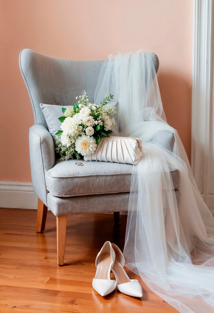 Detalles del día de la boda: ramo de la novia, zapatos y accesorios