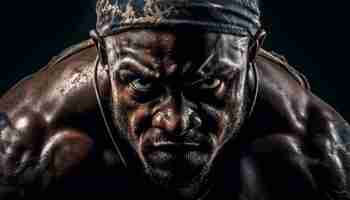 Foto gratuita determinación de atleta musculoso en retrato de ojos sin camisa generado por ia