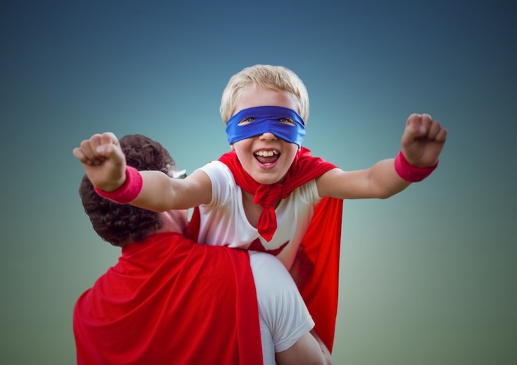 Foto gratuito día disfraz de superhéroe corporativa vacía