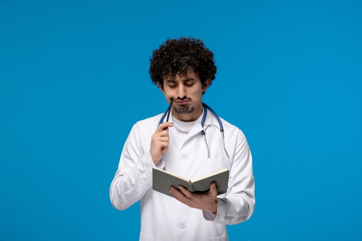 Foto gratuito día del doctor chico lindo guapo rizado en uniforme médico pensando y sosteniendo un bolígrafo y un libro