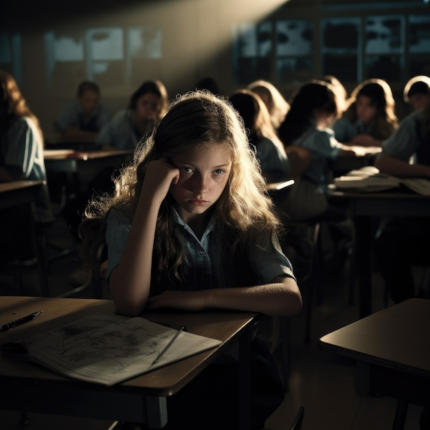 Foto gratuita día internacional de la educación en estilo oscuro con los estudiantes en el aula