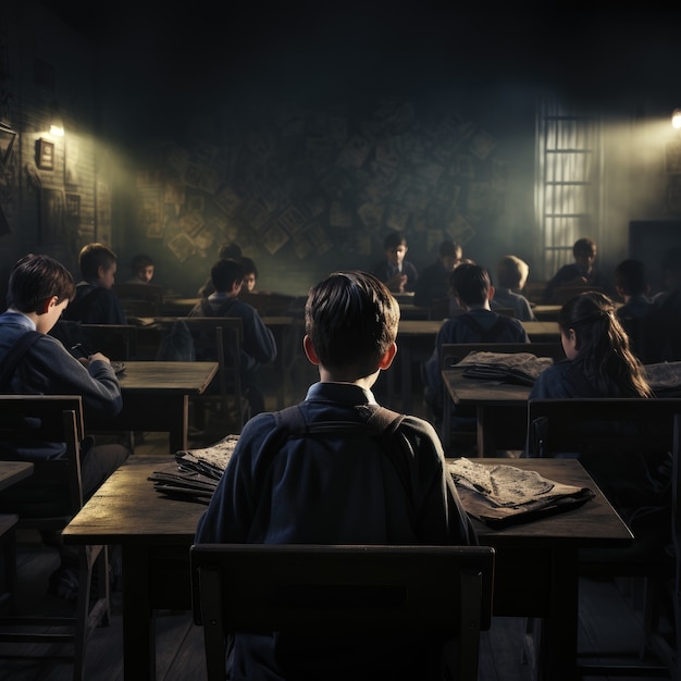 Foto gratuita día internacional de la educación en estilo oscuro con los estudiantes en el aula