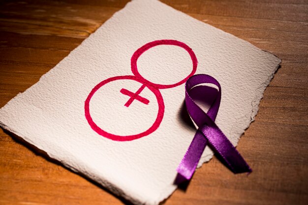 Día de la mujer 8 de marzo y cinta violeta sobre papel.