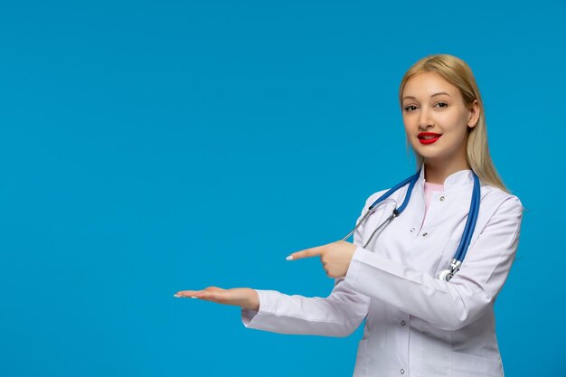 Día mundial del médico feliz doctor joven rubio apuntando a la izquierda con el estetoscopio en la bata de laboratorio