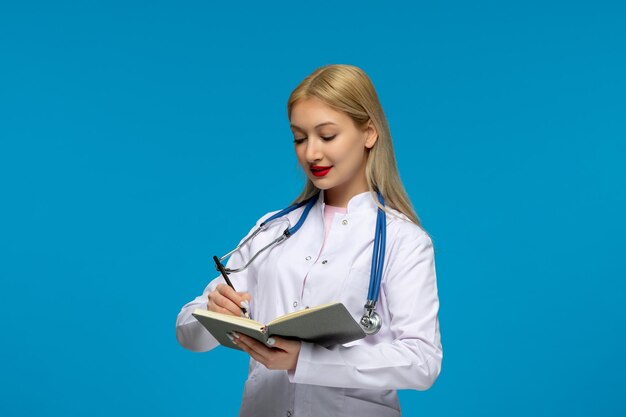 Día mundial del médico lindo médico escribiendo en el cuaderno y el estetoscopio en la bata de laboratorio