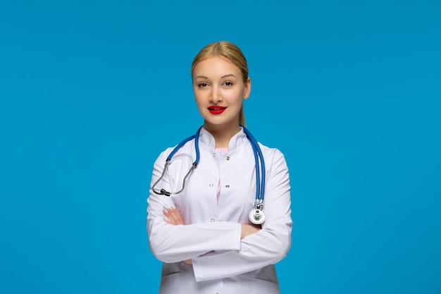 Día mundial del médico lindo médico sosteniendo con las manos cruzadas con el estetoscopio en la bata de laboratorio