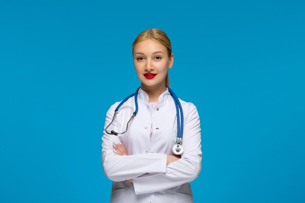 Día mundial del médico lindo médico sosteniendo con las manos cruzadas con el estetoscopio en la bata de laboratorio