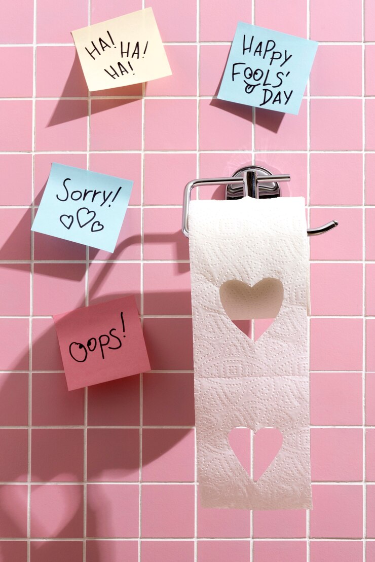 El día de los tontos de abril es una naturaleza muerta con un rollo de papel higiénico.