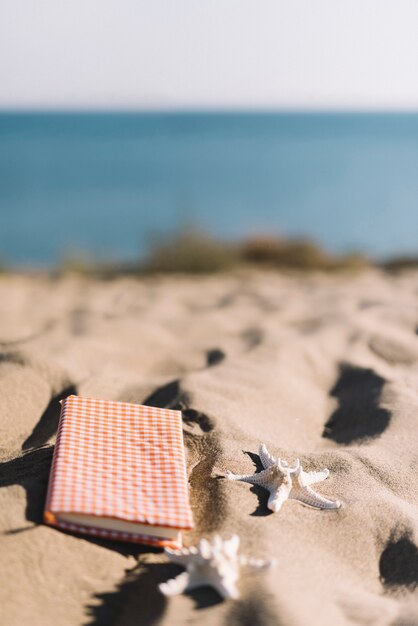 Diario y estrellas de mar en la playa