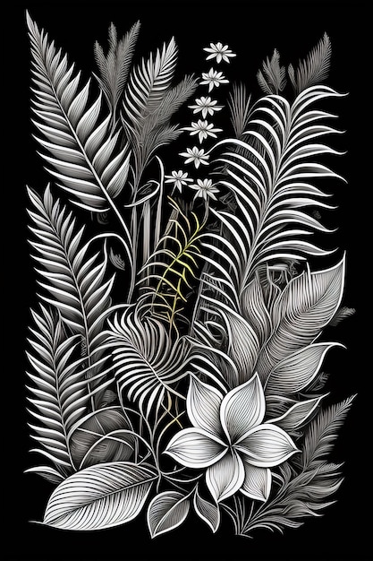 Foto gratuita un dibujo en blanco y negro de una planta tropical con flores y hojas.