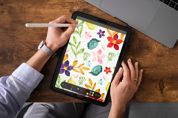 Foto gratuito dibujo ilustrador de vista superior en el ipad