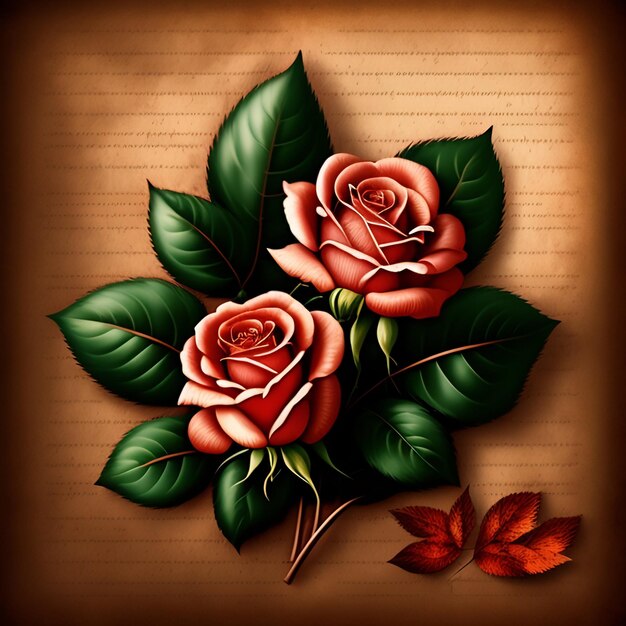 Un dibujo de rosas con hojas.