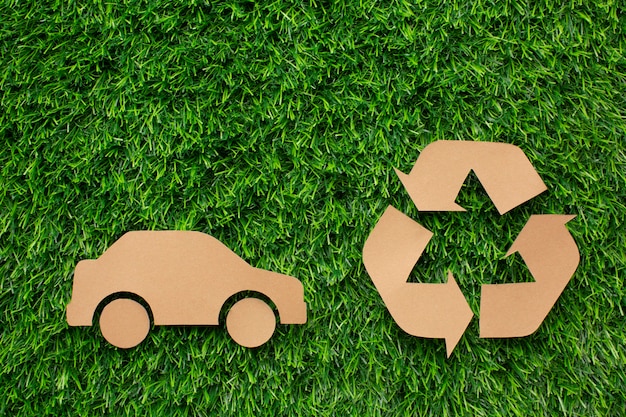 Dibujos animados coche y reciclar firman en hierba