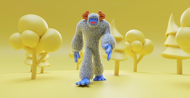 Dibujos animados de yeti de tiro completo con árboles