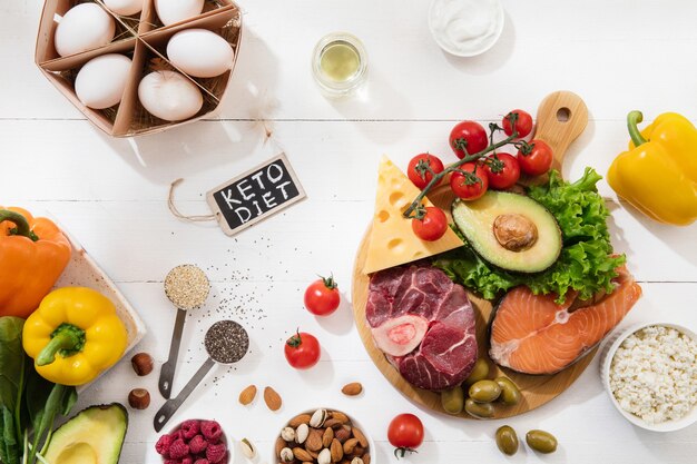 Dieta cetogénica baja en carbohidratos - selección de alimentos en la pared blanca