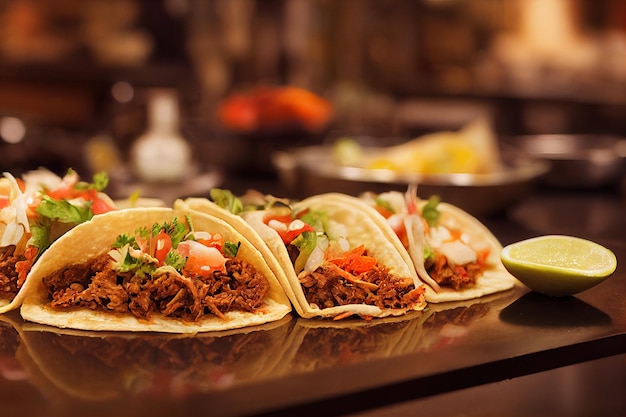 Dieta tacos saludables con carne de cerdo y aguacate sobre fondo de madera enfoque selectivo generativo ai