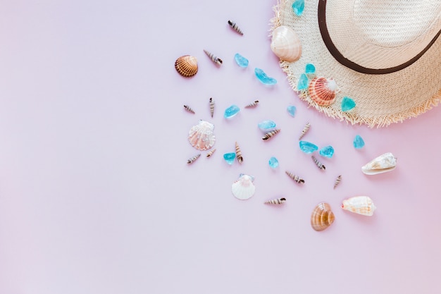 Foto gratuita diferentes conchas de mar con sombrero de paja.