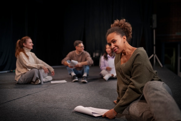Foto gratuito diferentes momentos de la clase de teatro