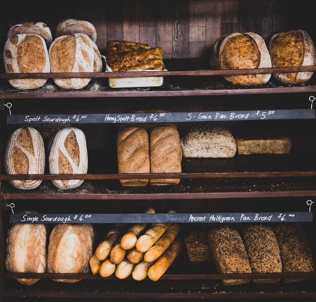 Diferentes tipos de pan en los estantes de la panadería.