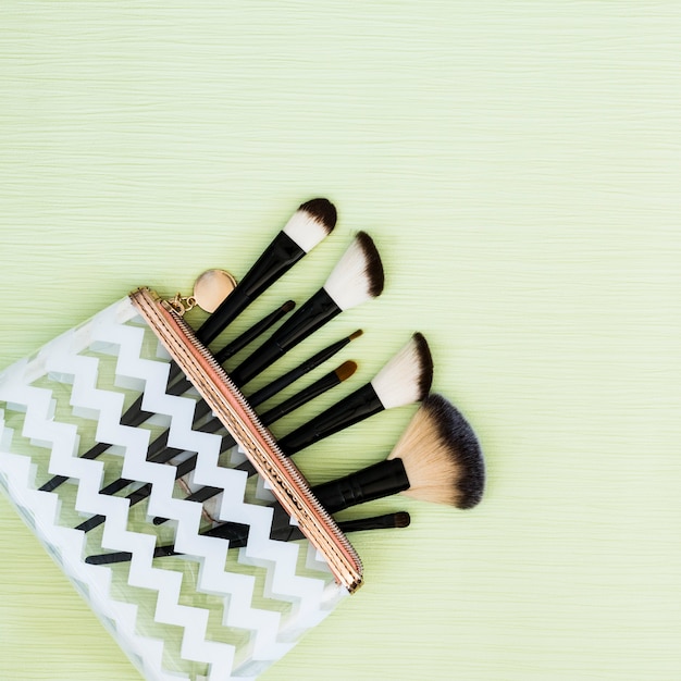 Diferentes tipos de pinceles de maquillaje en una bolsa de diseño transparente sobre fondo verde menta