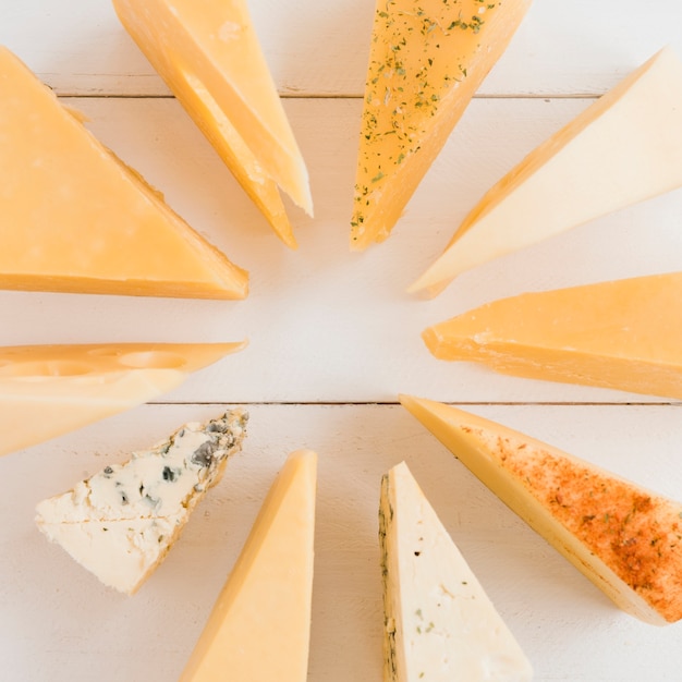 Diferentes tipos de queso triangular dispuestas en circular en escritorio blanco