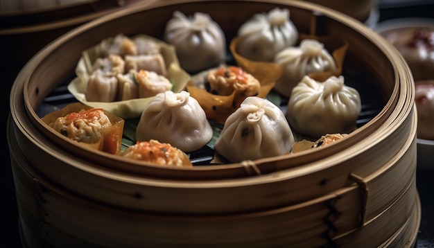 Foto gratuita dim sum recién cocido al vapor en recipientes de bambú generados por ia