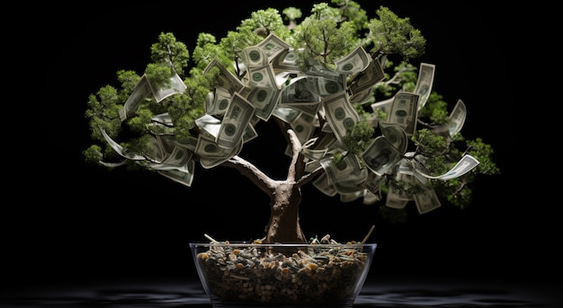 Dinero fotorrealista con planta