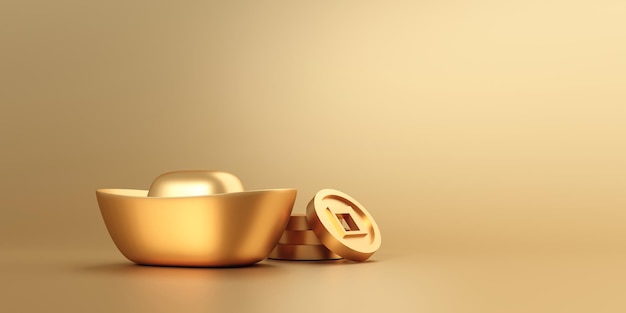 Dinero de oro chino o yuan bao feliz año nuevo chino sobre fondo dorado representación 3d