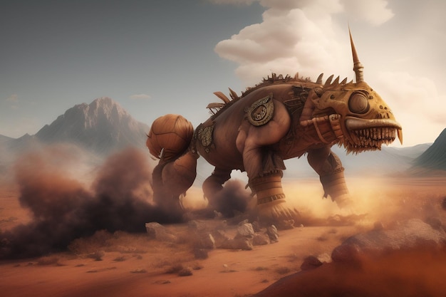 Un dinosaurio gigante con un insecto gigante en la espalda camina por el desierto.
