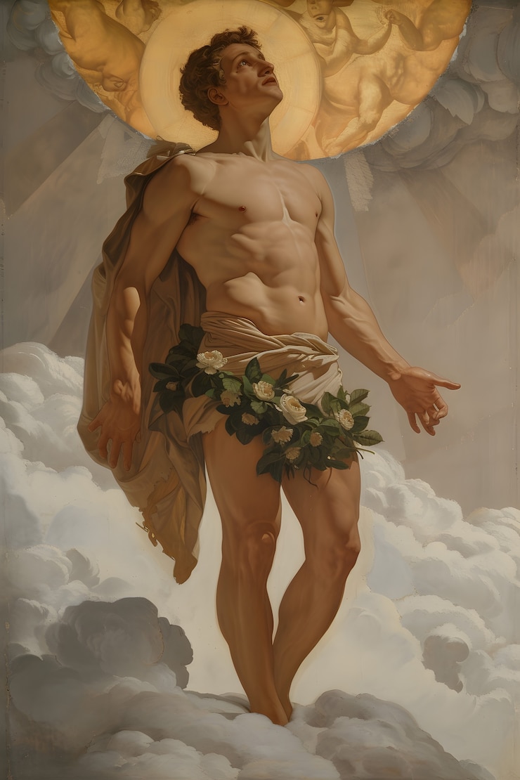 Foto gratuito el dios sol representado como un hombre poderoso en un entorno renacentista