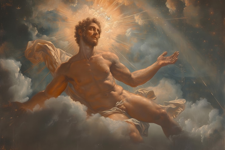 Foto gratuito el dios sol representado como un hombre poderoso en un entorno renacentista