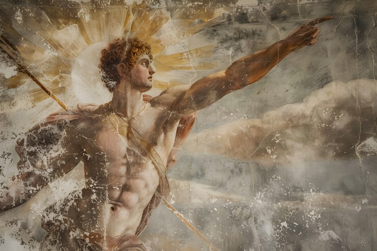 Foto gratuito el dios sol representado como un hombre poderoso en un entorno renacentista