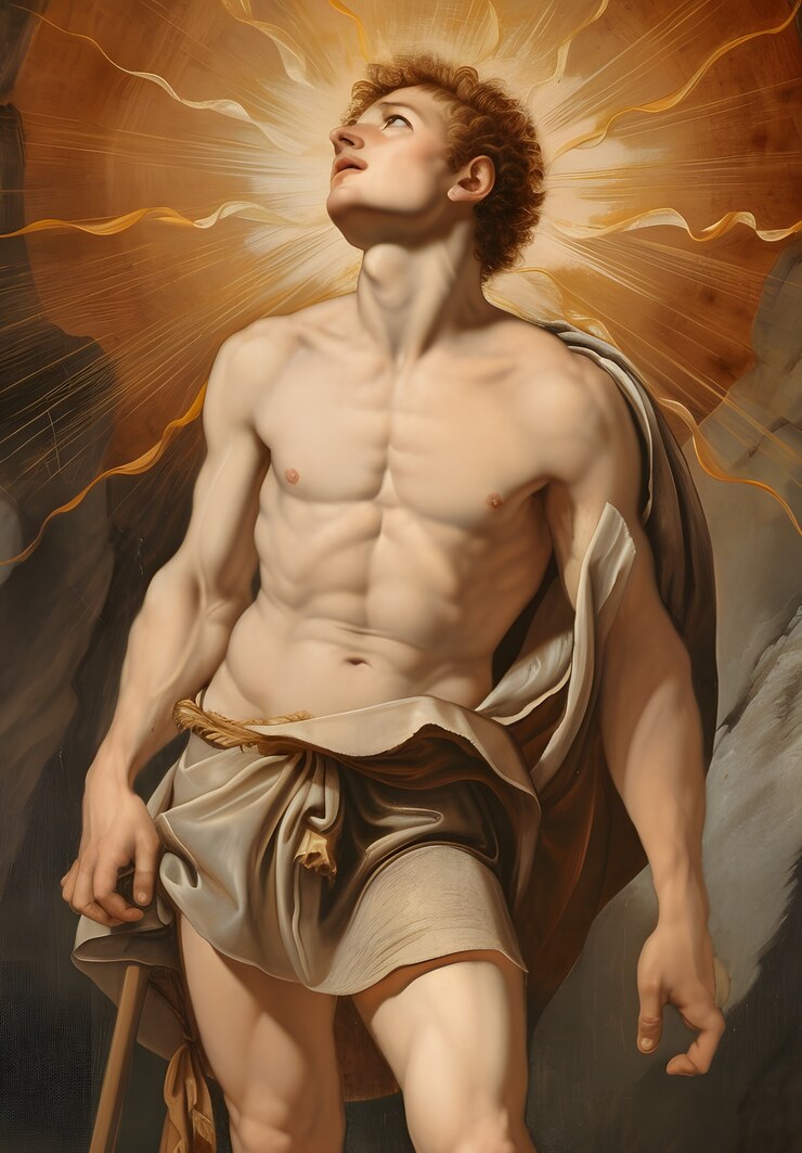 Foto gratuito el dios sol representado como un hombre poderoso en un entorno renacentista