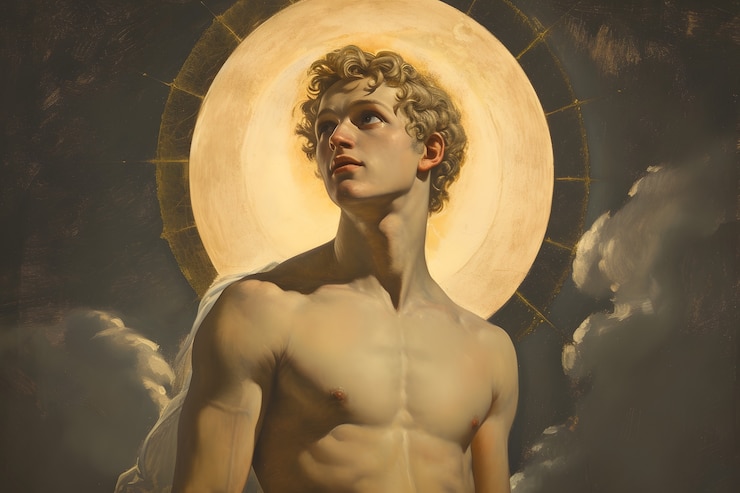 Foto gratuito el dios sol representado como un hombre poderoso en un entorno renacentista