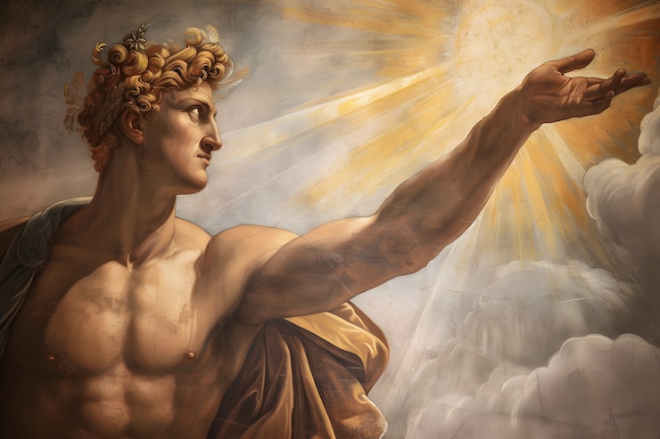 Foto gratuito el dios sol representado como un hombre poderoso en un entorno renacentista