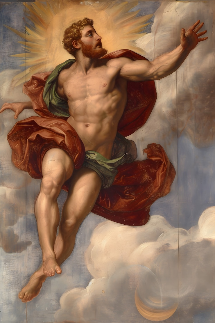 Foto gratuito el dios sol representado como un hombre poderoso en un entorno renacentista