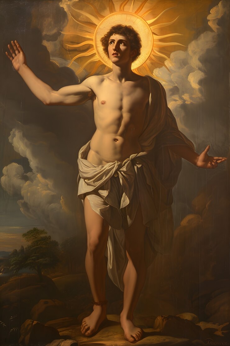 Foto gratuito el dios sol representado como un hombre poderoso en un entorno renacentista