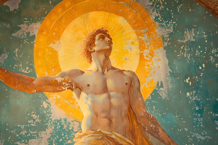 Foto gratuito el dios sol representado como un hombre poderoso en un entorno renacentista