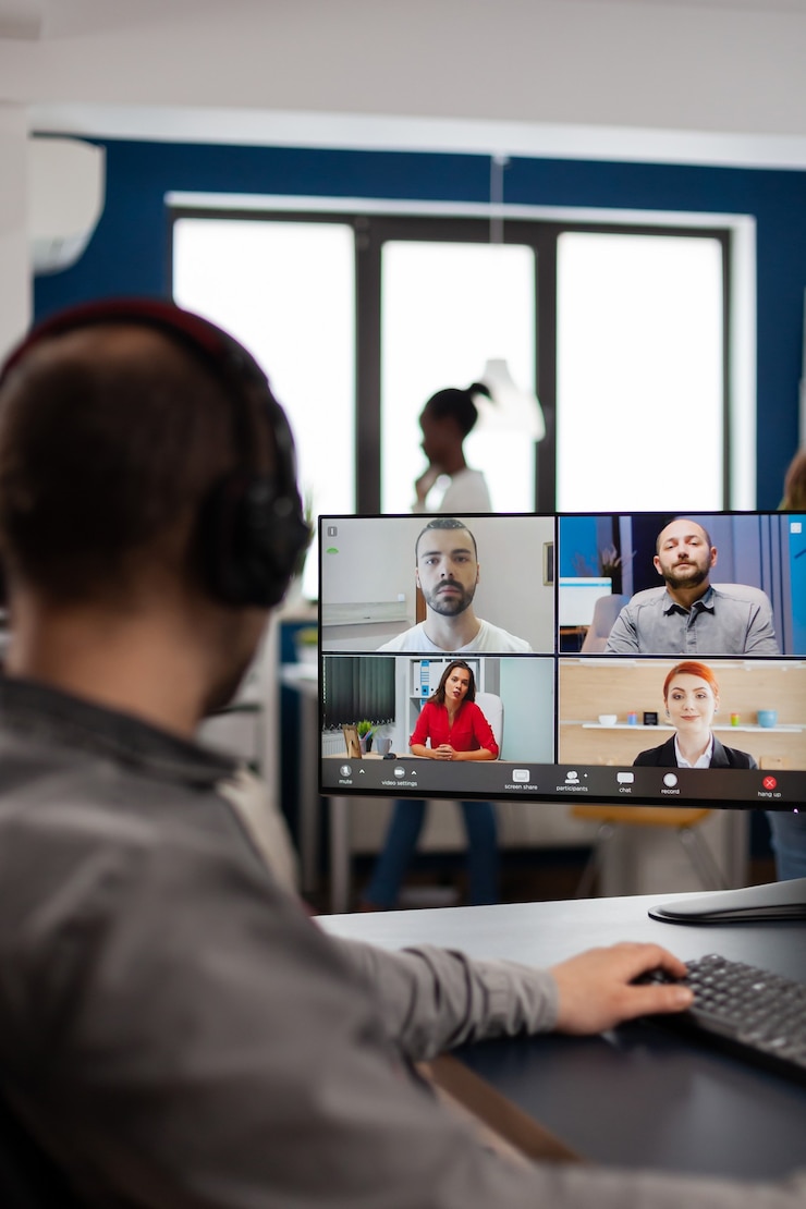 Foto gratuito director del editor de video hablando con el equipo creativo en una reunión web en línea sobre el trabajo del cliente de edición de videollamadas, obteniendo comentarios sobre películas comerciales utilizando software de posproducción en la pc en la oficina creativa